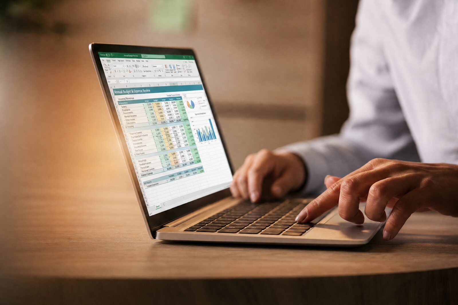 Profissional analisando planilha de orçamento e despesas em um notebook